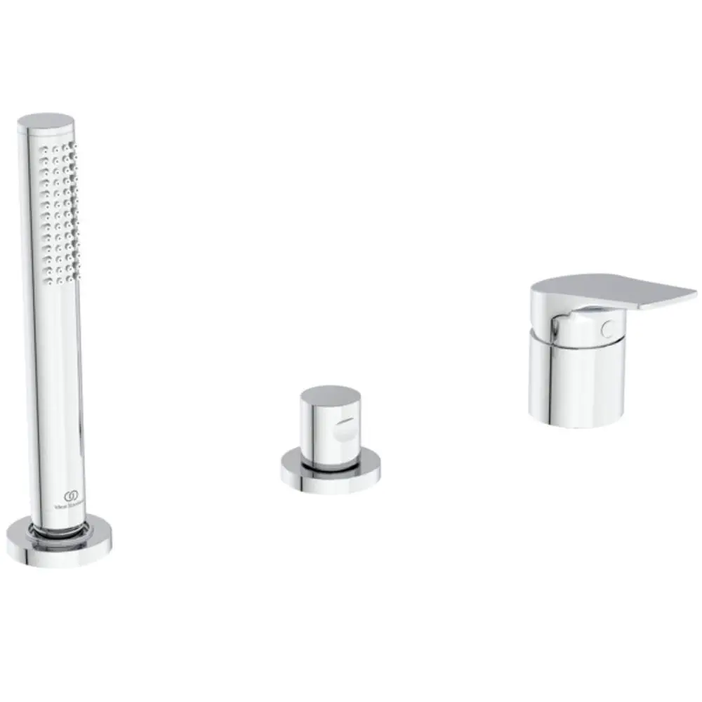 Ideal Standard Badearmatur mit Handbrause, bestehend aus einem Auslauf, einem Bedienelement und einer Handbrause, alles in Chrom-Optik.